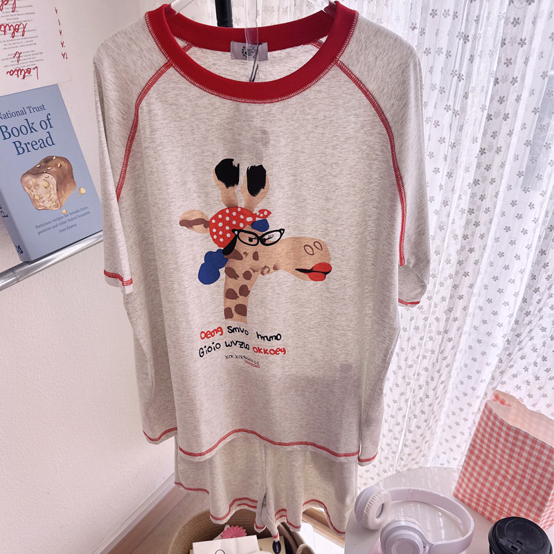 长颈鹿河马短袖卡通莱卡睡衣女夏休闲宽松圆领套头薄款家居服套装