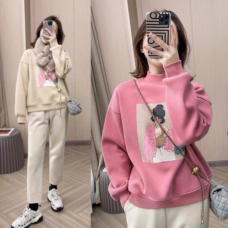 品牌折扣女装秋冬加绒加厚卫衣女纯棉高领宽松复古chic上衣外套潮