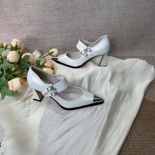 范家手工女鞋 带金标 高颜简约防踢金属尖头真皮白色一字带高跟鞋