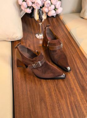 范家手工女鞋~羊皮跟高5/7单鞋防滑气质女鞋软底搭扣深口黑色高跟