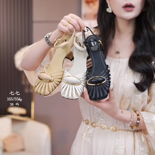 范家手工女鞋~跟6cm牛羊皮夏高跟罗马鞋镂空时装凉鞋粗跟方头百搭