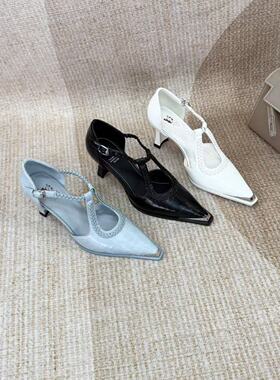 范家手工女鞋~跟高7CM编织交叉带气质时尚高跟蓝色尖头真皮凉鞋女