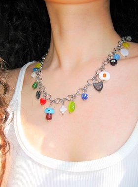 {鱼耳Museum}原创手工体恤吊带趣味串珠金属项链 蘑菇吊坠锁骨链