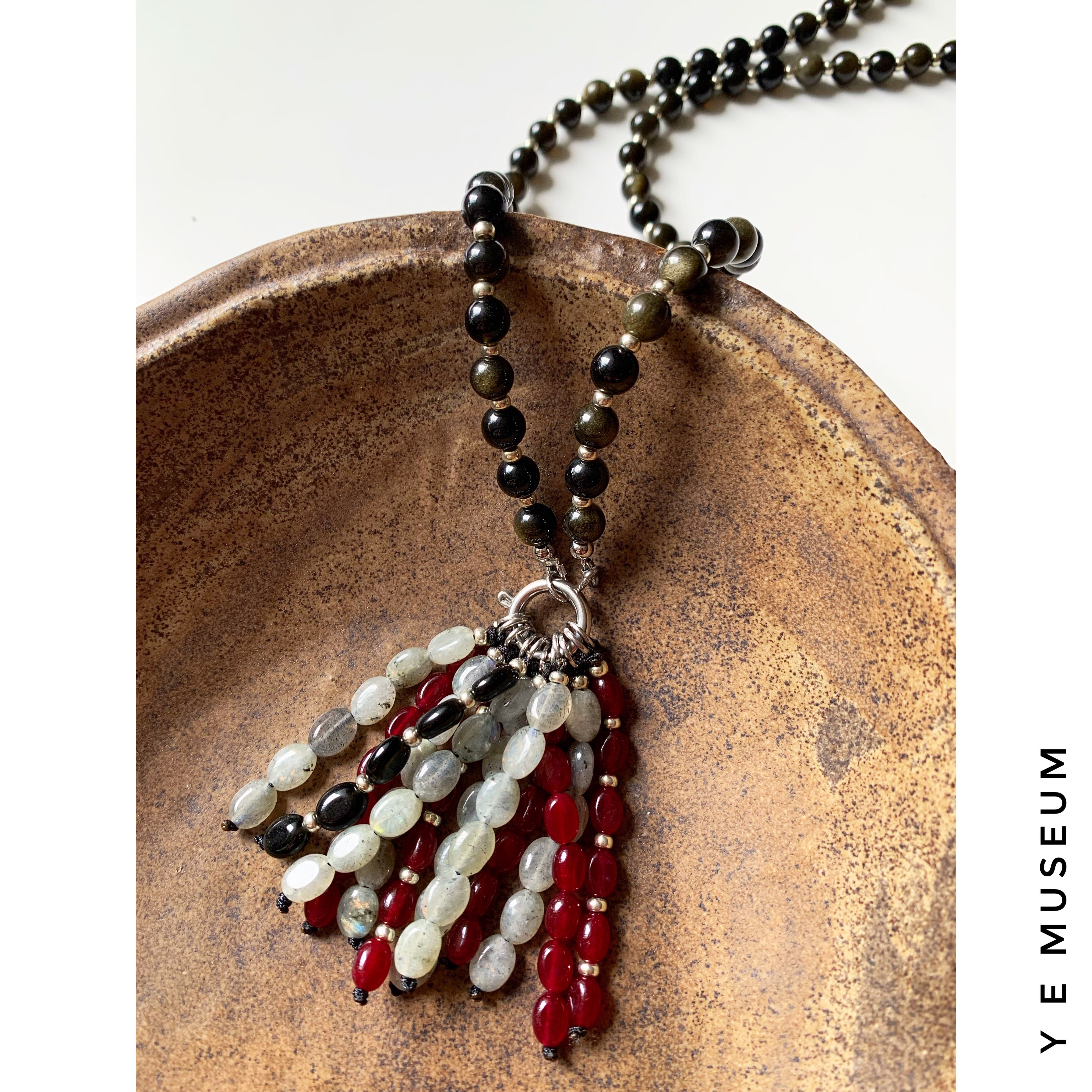 {鱼耳Museum}原创手工复古流苏天然石长款项链毛衣链石榴色钥匙扣