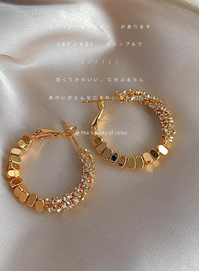 高级感轻奢风碎碎金镶钻电镀14K简约百搭时尚圆形大圈耳环耳饰