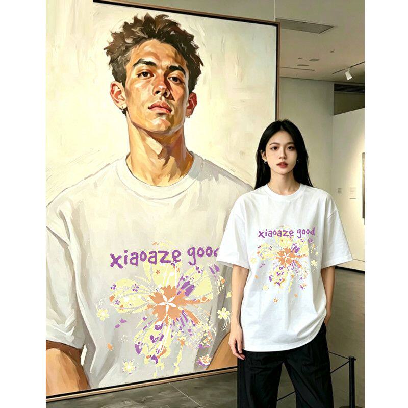 纯棉新款短袖T恤夏季男女情侣装韩版花朵印花学生百搭半袖上衣潮