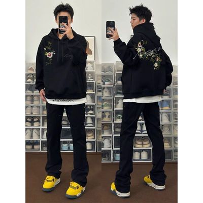 2025美式花卉连帽卫衣男女情侣款印花帽衫加绒加厚秋冬款潮流外套