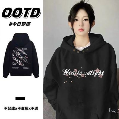 纯棉秋冬加厚加绒男女情侣款帽衫美式高街樱花印花纽扣款连帽卫衣