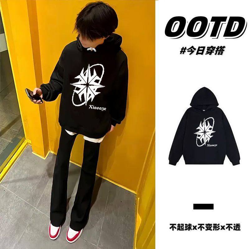 2025美式纯棉秋冬加绒加厚情侣帽衫韩版男女学生潮牌印花连帽卫衣