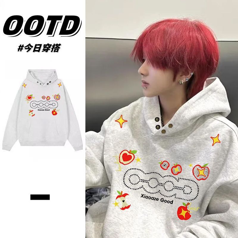 2025美式潮牌设计感印花加绒帽衫纯棉男女情侣秋冬纽扣款连帽卫衣