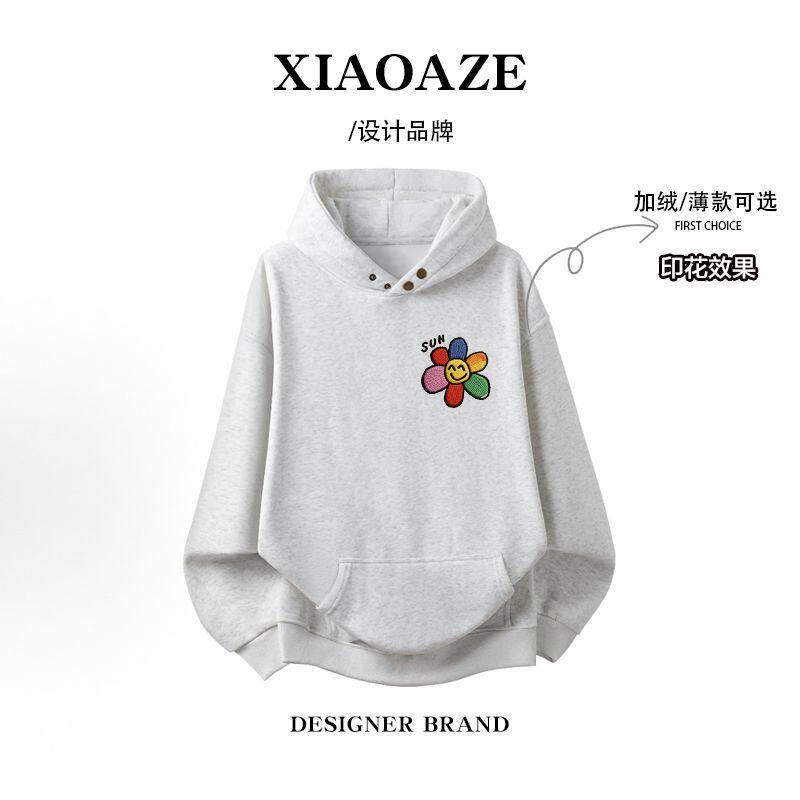秋冬男女慵懒风纽扣款连帽卫衣花灰色纯棉潮流印花加绒加厚帽衫