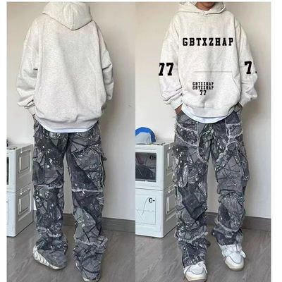 花灰色美式高街潮牌连帽卫衣男女加绒加厚情侣宽松秋冬季潮流帽衫