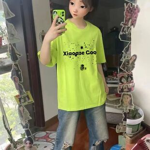 夏季新款星星字母印花重磅短袖t恤荧光绿美式国潮设计感男女上衣
