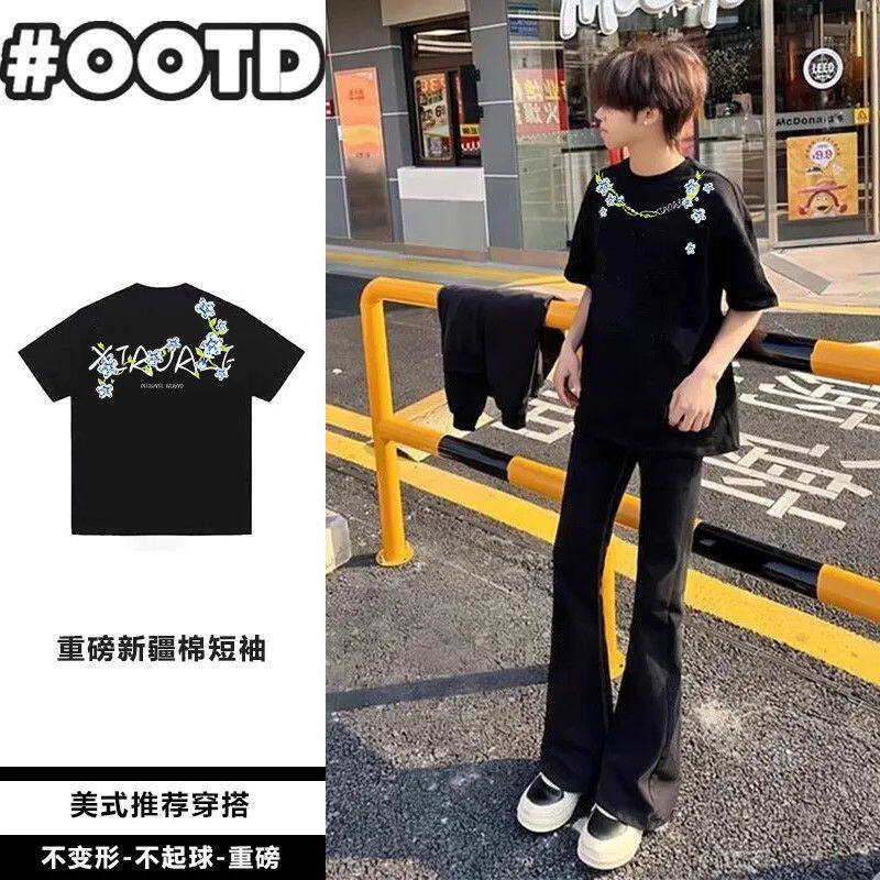 美式高街花卉印花纯棉T恤短袖夏季男女情侣款潮牌宽松设计感上衣