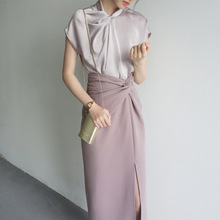 JOJOZ 灰调淡紫不对称套头短袖双面丝缎衬衫哑光优雅质感23SS上衣