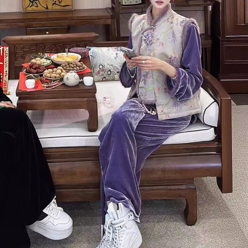 今年爆款新中式国风禅意唐装印花马甲丝绒三件套装女2026新款秋冬,女装/女士精品,时尚套装,淘宝优惠券,粉丝福利购,淘宝优惠卷