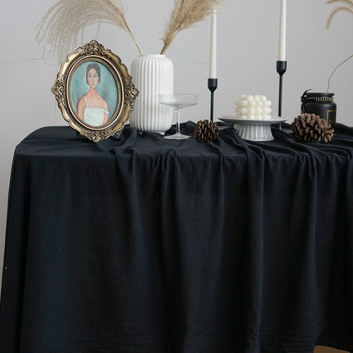 日式复古黑色白桌布甜品台布艺棉麻生日派对拍摄拍照吸光背景挂布