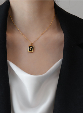 复古方形黑色巴洛克项链钛钢镀