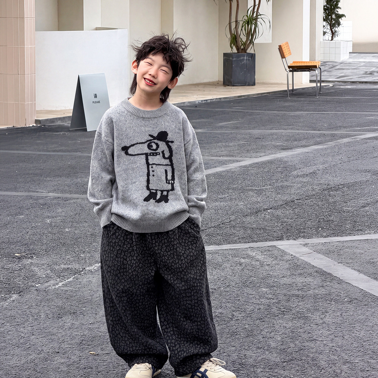 棉小铺男童毛衣秋季儿童裤子2026新款韩版简潮豹纹弯刀裤童装套装