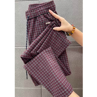 直筒裤 加厚毛呢格子休闲裤 宽松时尚 高腰显瘦小脚哈伦裤 女秋冬新款