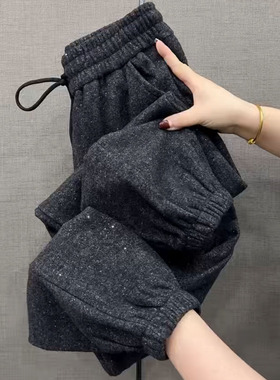 毛呢加绒加厚休闲裤女冬季新款宽松显瘦束脚哈伦裤高腰运动卫裤