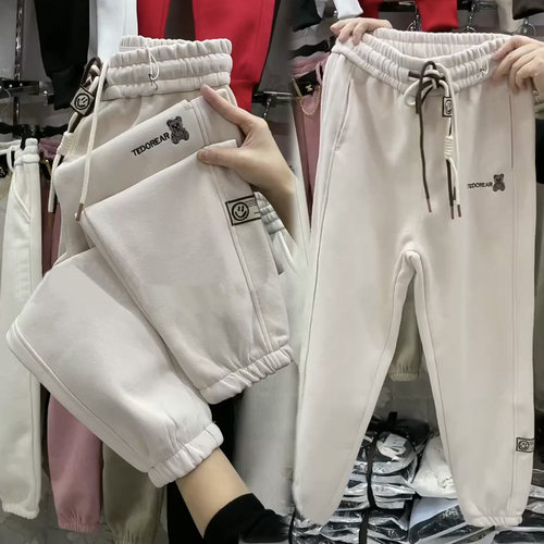 小熊纯棉刺绣新款双绳显瘦哈伦裤