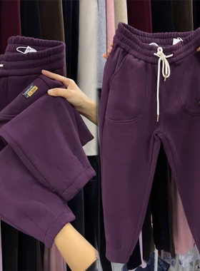 小个子加绒加厚卫裤女冬季新款显瘦九分束脚哈伦裤宽松高腰运动裤