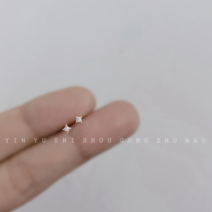 超迷你四角星星上班佩戴简约925纯银镀14K金小巧锆石耳钉女养耳洞