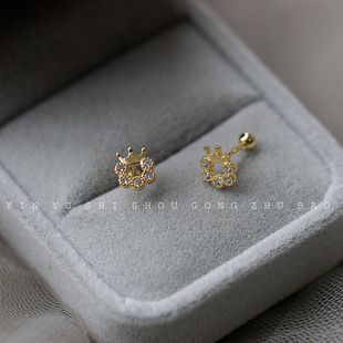 不用摘皇冠螺丝耳钉女S925纯银镀14K金小巧百搭拧扣耳环小众设计