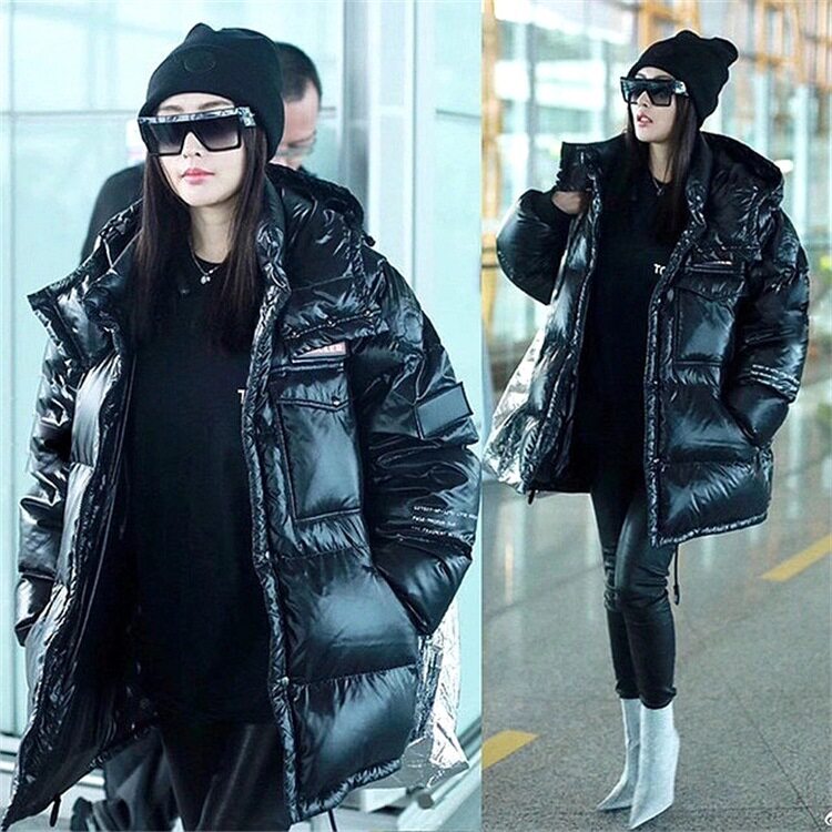 中长款亮皮免洗明星同款羽绒服宽松韩版男女情侣面包服白鸭绒外套