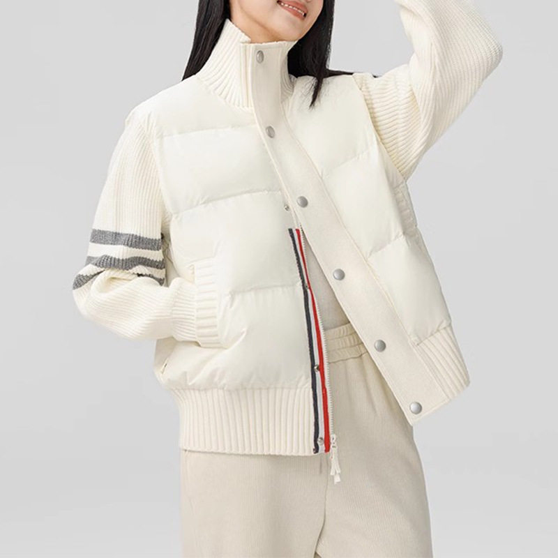 高端TB白鸭绒秋冬新款羽绒服女短款韩版百搭针织袖棒球服外套潮