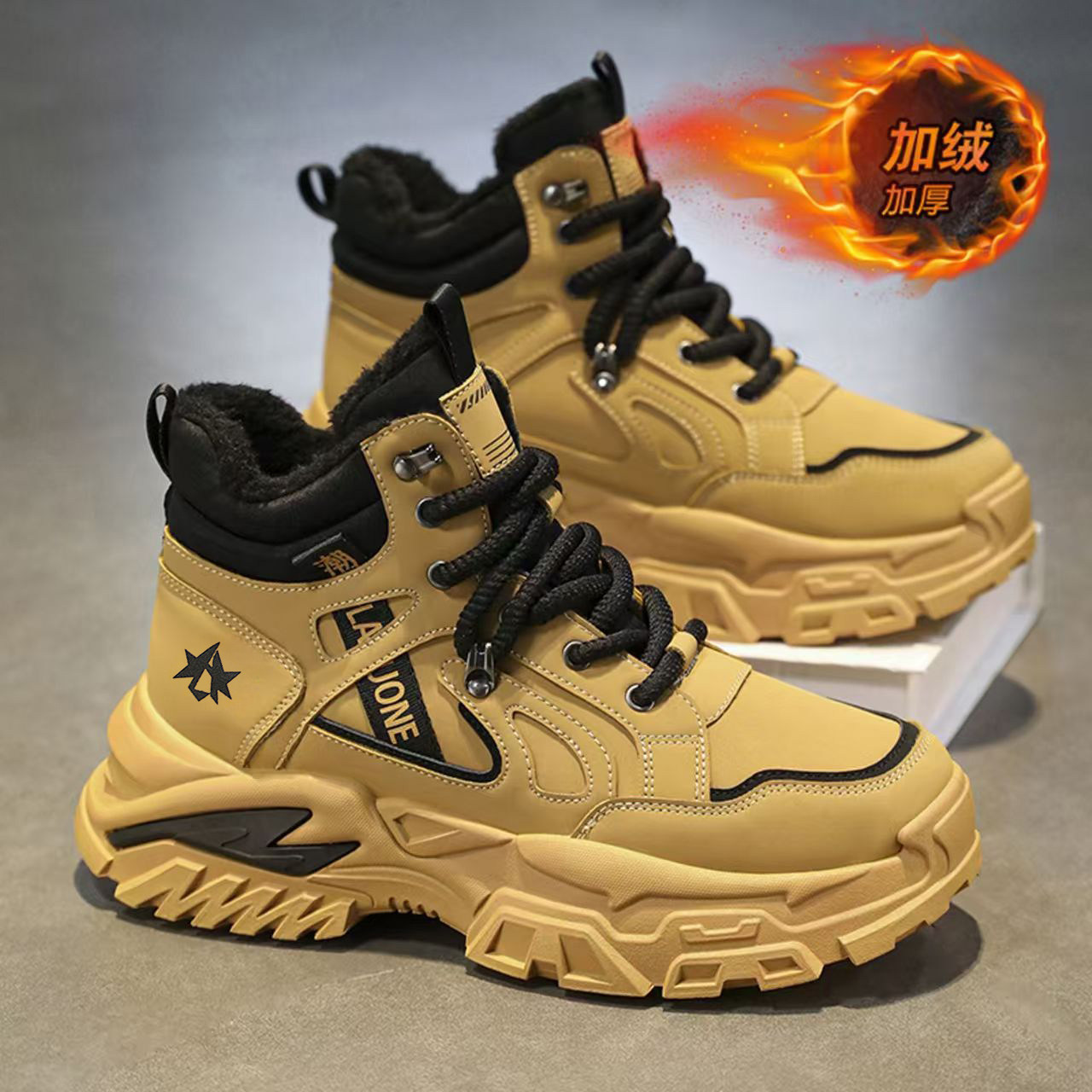 高帮男鞋冬季工装马丁靴加绒加厚保暖棉鞋青少年运动休闲老爹潮鞋