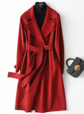 高级跨境专供双面高端羊绒大衣中长款显瘦赫本风羊毛呢外套女批发