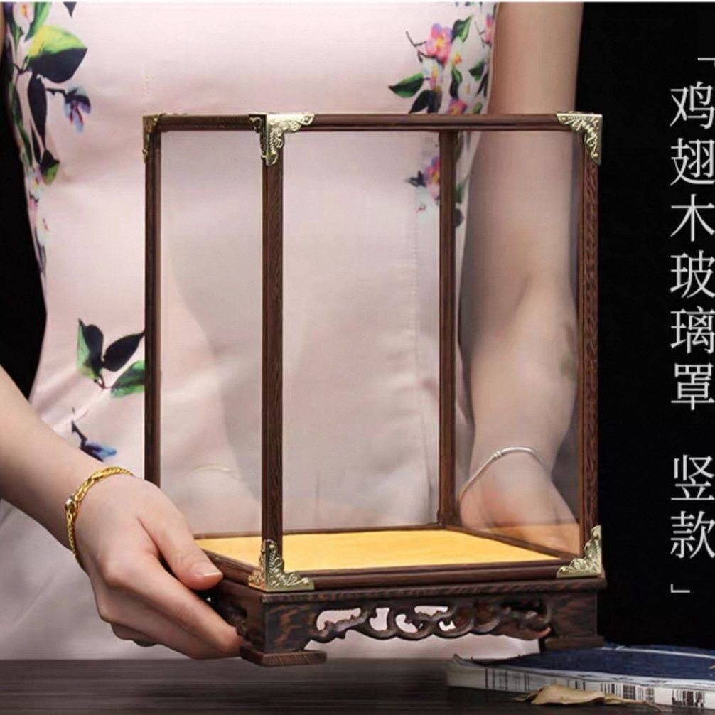 金蟾玻璃罩工艺品摆件鸡翅木胡桃木雕