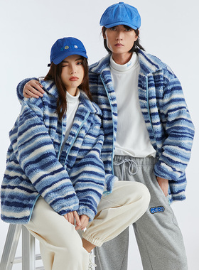 CBCD冬季定制条纹羊羔绒外套男女宽松加厚加绒保暖休闲潮牌羊羔毛