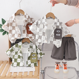 男童洋气时髦衬衫短袖三件套装宝宝帅气衬衣婴儿童休闲短袖韩版潮