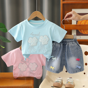 女童夏季套装2026新款韩版夏装薄款短袖牛仔短裤宝宝休闲两件套潮