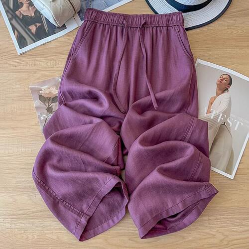 清仓捡漏～紫色冰丝阔腿裤女夏季薄款宽松垂感九分直筒裤休闲裤子