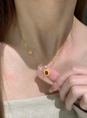 中式复古仿真金红玉髓椭圆项链