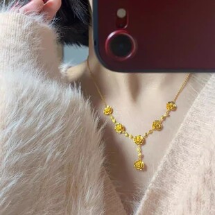 2024新款黄金玫瑰花项链仿纯足金花朵挂坠锁骨链套链子送女友礼物
