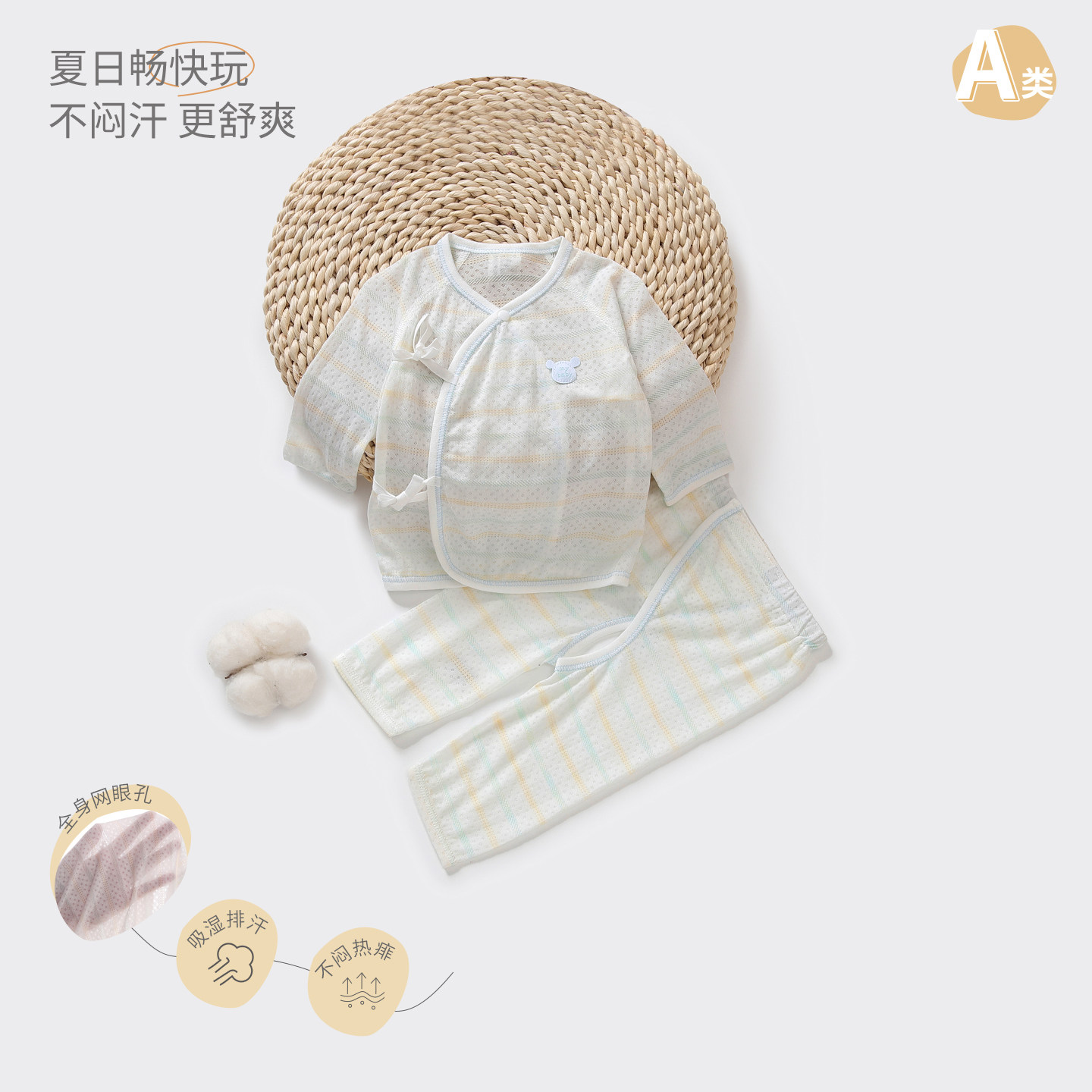 莫代尔A类新生儿家居服和袍套装夏季薄款透气开裆睡衣居家两件套