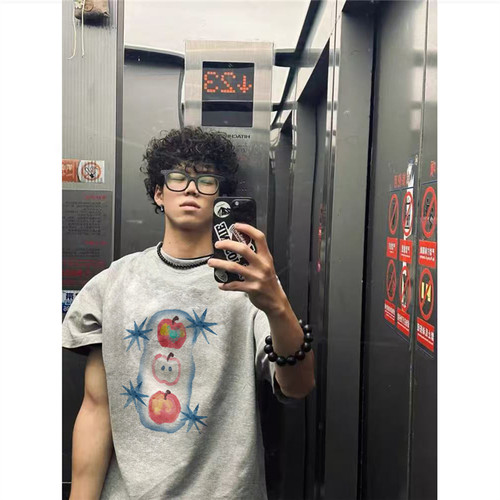 纯棉美式复古灰色短袖t恤男夏季