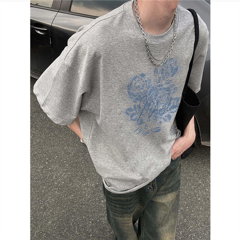 重磅纯棉美式复古玫瑰花正肩短袖t恤男夏季宽松潮牌高街半袖上衣