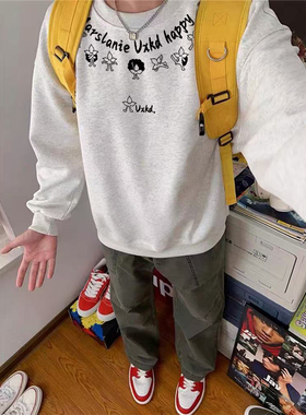 纯棉高街美式hiphop圆领卫衣男2025新款秋冬款加绒加厚设计感上衣