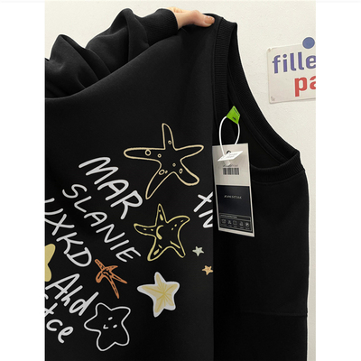 纯棉美式复古加绒无帽圆领卫衣男