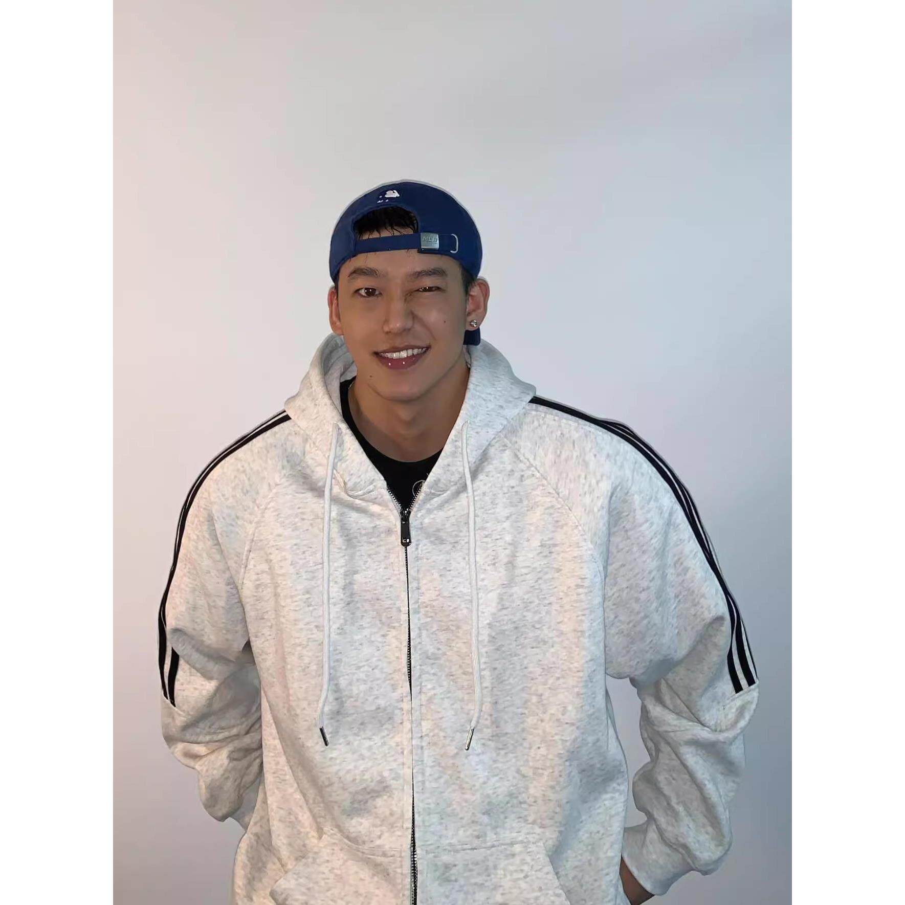 日本WUJE拉链连帽外套秋冬季男女同款三杠重磅浅灰色长袖卫衣