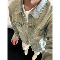 日本WUJE浅蓝色加绒短款牛仔外套男款秋冬高级感痞帅水洗夹克ootd