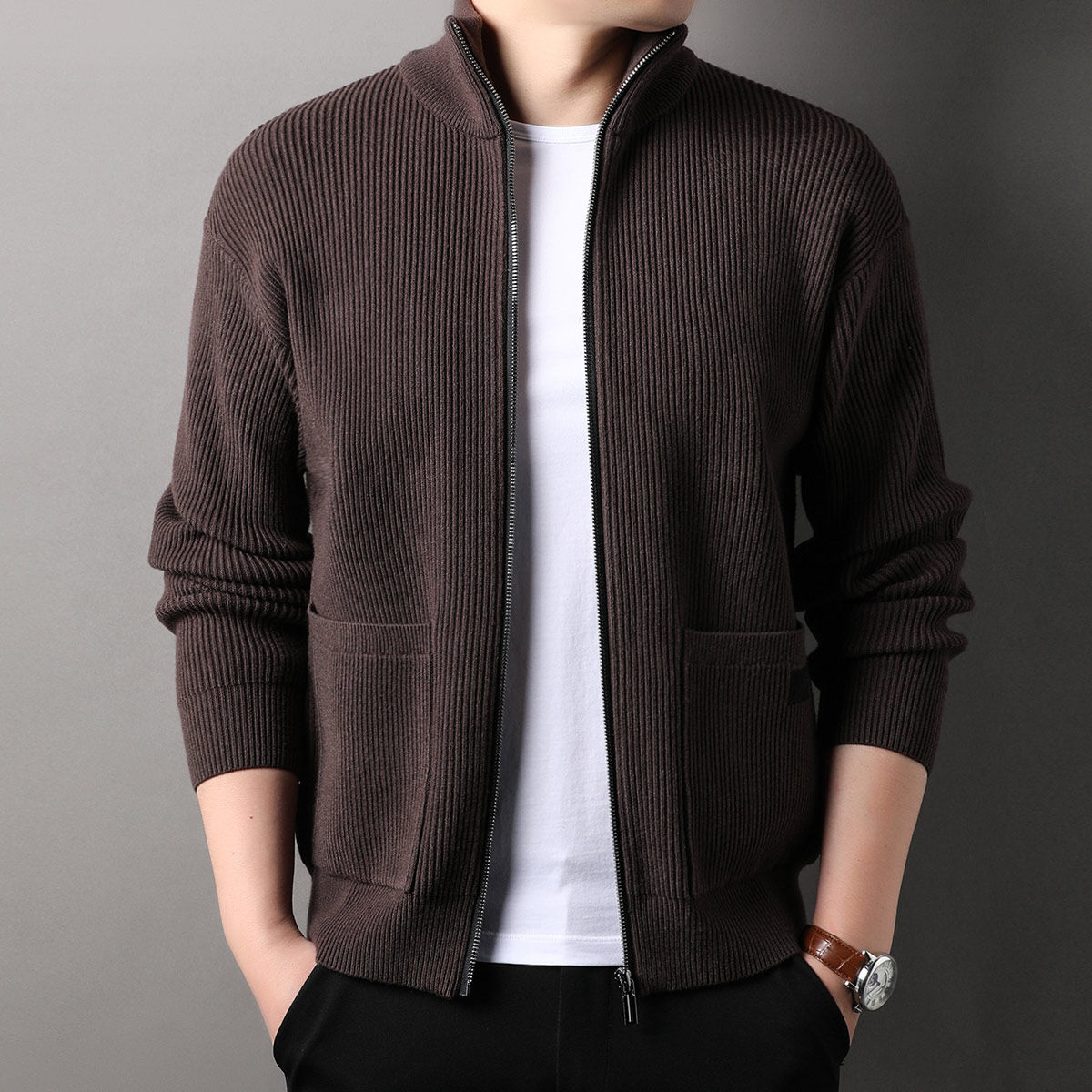 高级感羊毛衫男立领夹克秋冬莫代尔加厚针织开衫男士提花毛衣外套