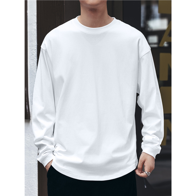 高级感白色纯棉T恤男长袖秋季宽松圆领纯色上衣男士帅气百搭体恤