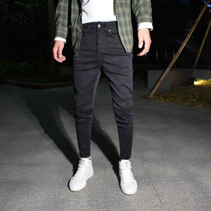 黑色微跨修身小脚九分裤男士简约百搭休闲牛仔裤新款韩版铅笔裤潮